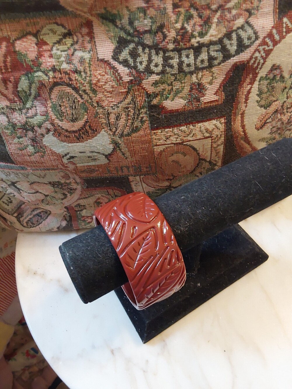 Carved Red Lucite Bangle, MMA Cinnabar Style Bracelet, Size 7